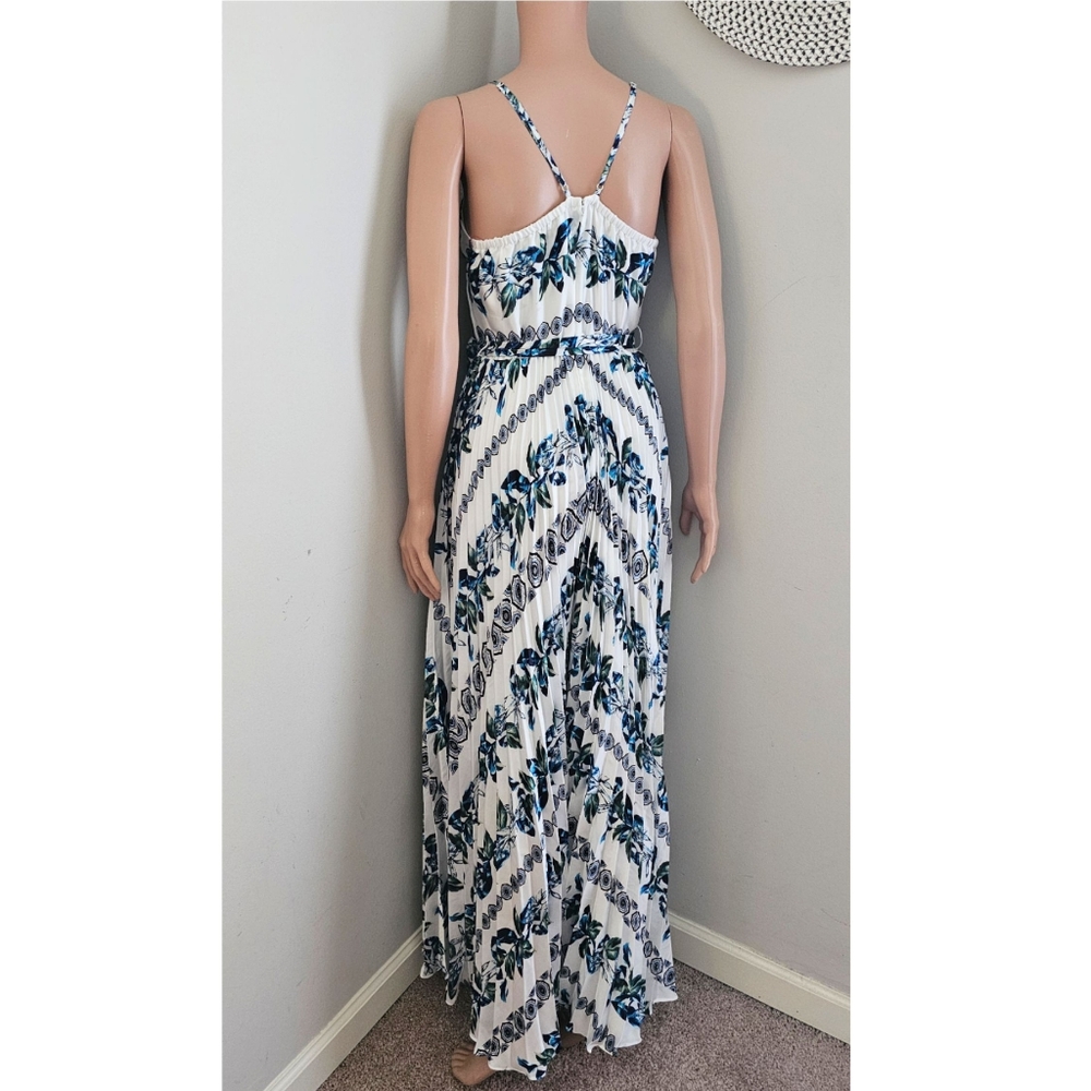 WHBM White Blue Paisley Adjustable Strap Pleated Waist Tie Maxi Dress - Picture 3 of 7
